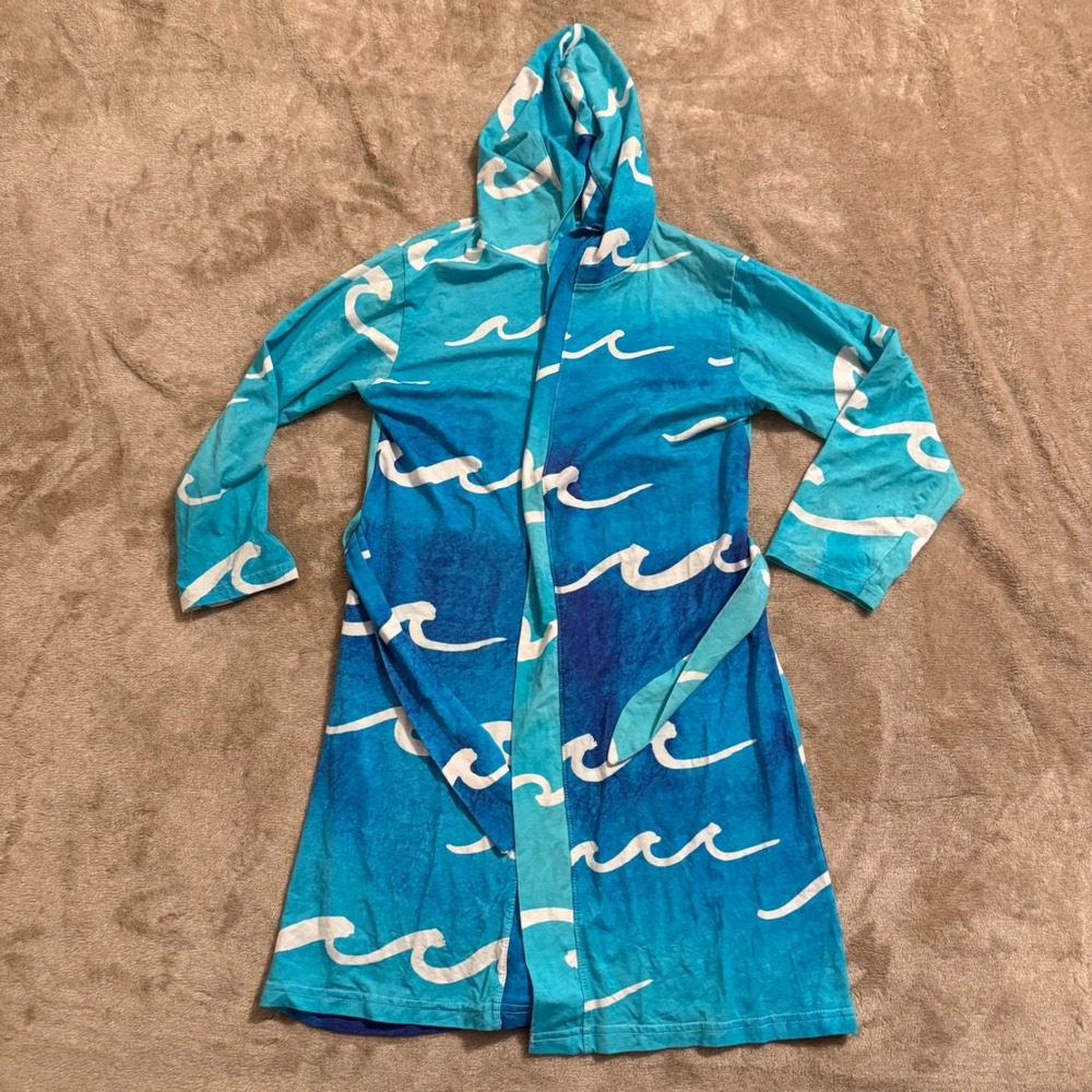 Coco Moon Hawaii Kai Hooded Robe Blue Ocean Wave Bamboo Viscose Women Medium
